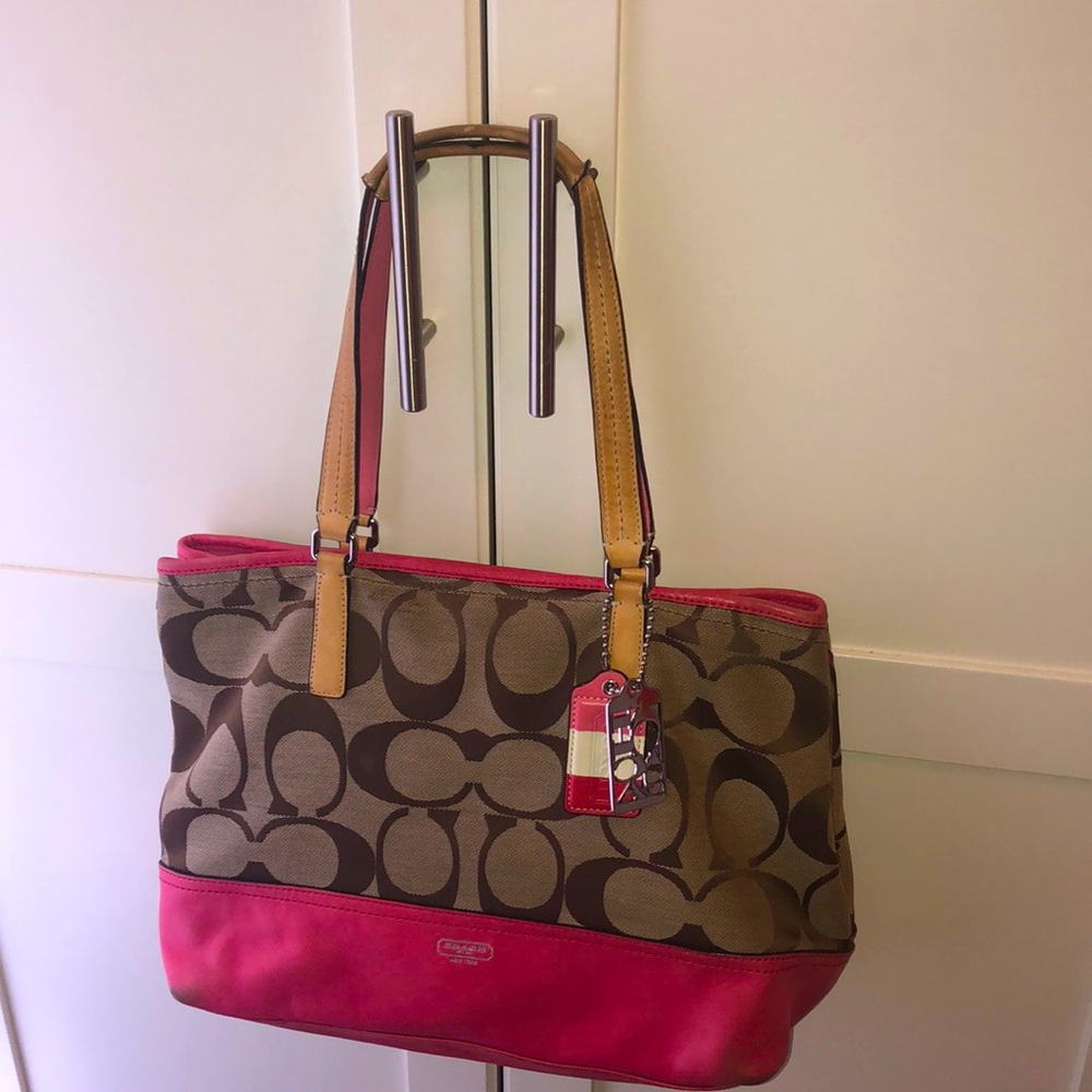 Pink leather/logo canvas Coach handbag